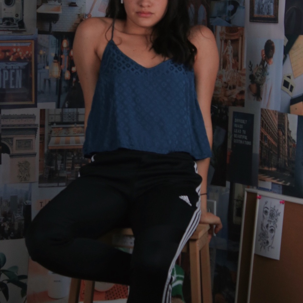 Blue patterned flared out spaghetti strap crop top